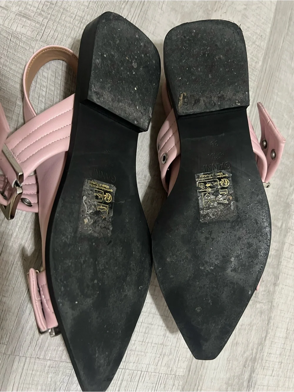 Ganni Pink Pointed Buckle Mary Jane Flats with Eyelet Details